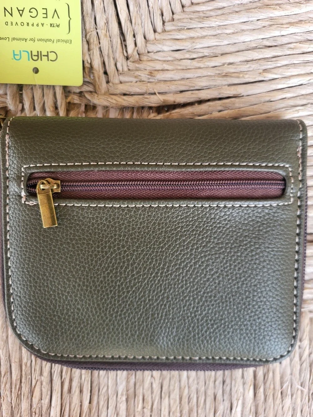 CHALA Monkey Wallet Vegan Leather, Zip Around. Olive
